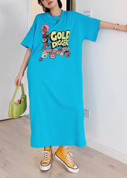 Italian blue Cartoon print tunic pattern o neck side open cotton Dress - SooLinen