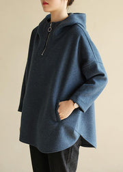 Italian blue cotton tunic pattern zippered loose hooded blouses - SooLinen