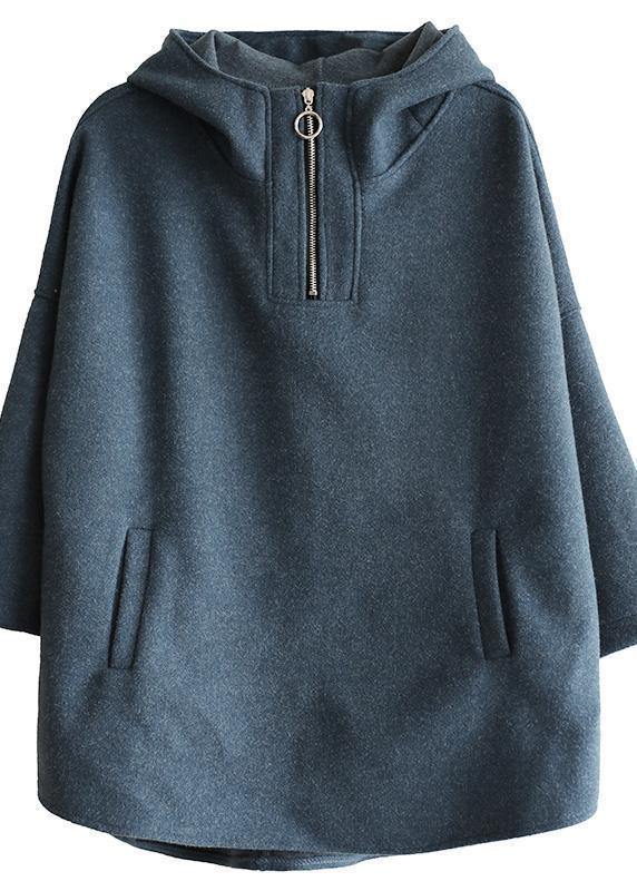 Italian blue cotton tunic pattern zippered loose hooded blouses - SooLinen