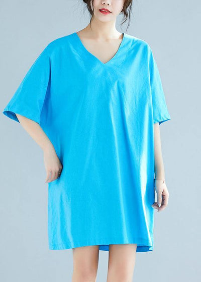 Italian blue linen cotton clothes Women v neck half sleeve loose summer Dresses - SooLinen