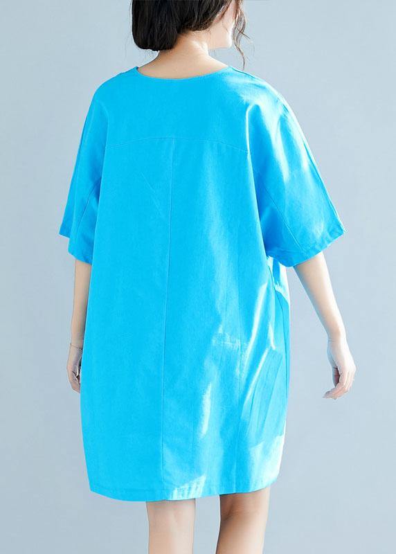 Italian blue linen cotton clothes Women v neck half sleeve loose summer Dresses - SooLinen