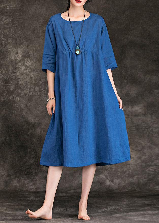 Italian blue linen dress o neck Cinched Three Quarter sleeve summer Dress - SooLinen