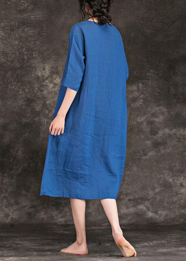 Italian blue linen dress o neck Cinched Three Quarter sleeve summer Dress - SooLinen