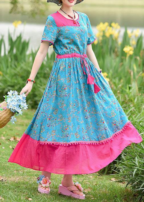 Italian blue print cotton dresses o neck drawstring Maxi summer Dresses - SooLinen