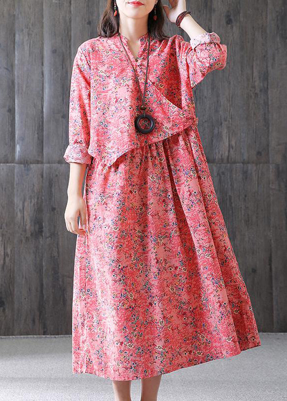 Italian cotton tunic dressFashion Floral Ethnic Loose V-neck Plus Size Dress