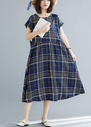 Italian drawstring cotton dresses Work Outfits blue plaid Dresses summer - SooLinen