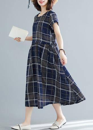 Italian drawstring cotton dresses Work Outfits blue plaid Dresses summer - SooLinen