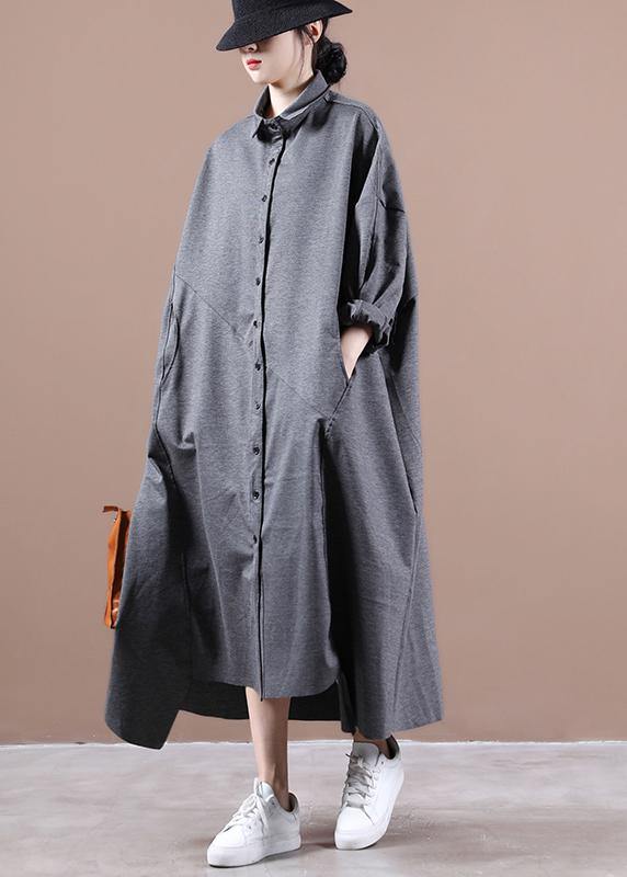 Italian gray dresses lapel asymmetric loose spring Dress - SooLinen