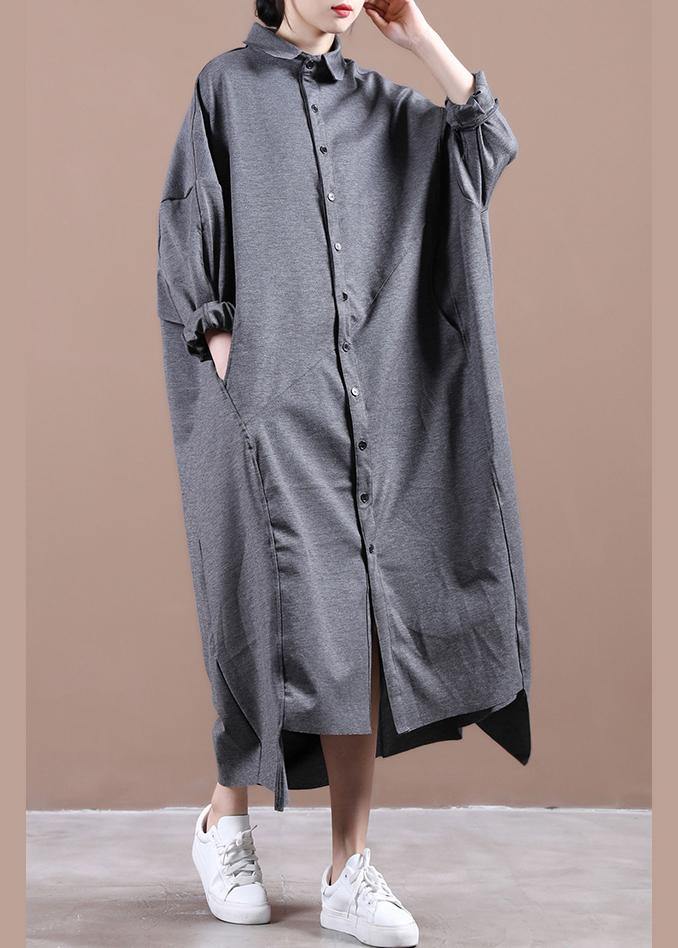 Italian gray dresses lapel asymmetric loose spring Dress - SooLinen