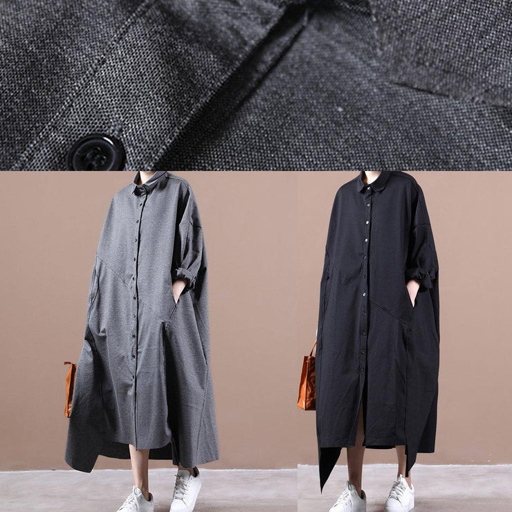 Italian gray dresses lapel asymmetric loose spring Dress - SooLinen