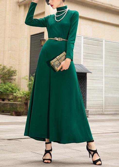 Italian green cotton dresses zippered Maxi high neck Dress - SooLinen