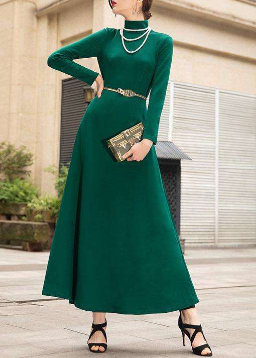 Italian green cotton dresses zippered Maxi high neck Dress - SooLinen