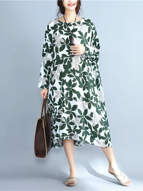 Italian green print cotton clothes For Women o neck long sleeve Maxi Dress - SooLinen