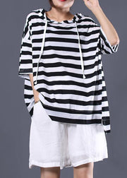 Italian hooded cotton top silhouette Outfits black white striped shirt summer - SooLinen