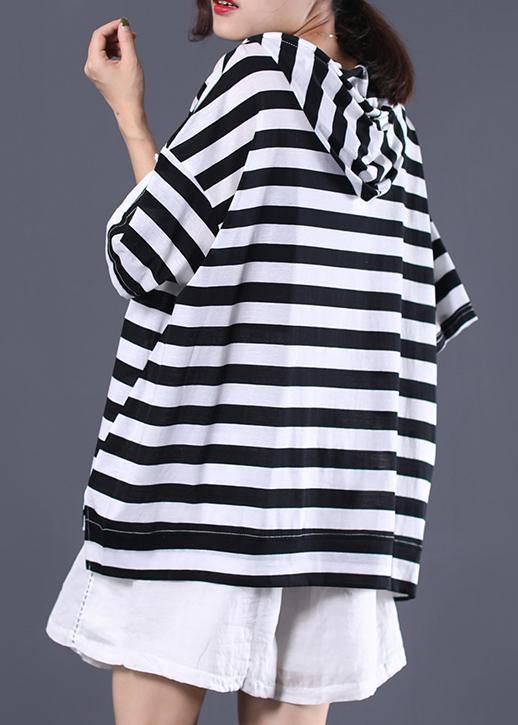 Italian hooded cotton top silhouette Outfits black white striped shirt summer - SooLinen