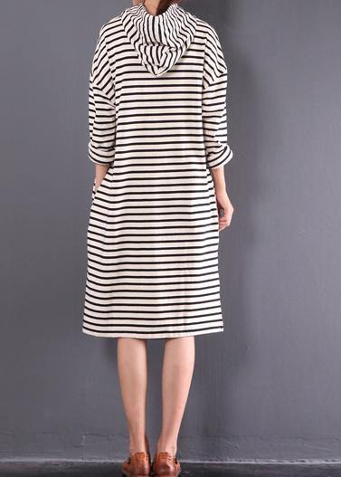 Italian hooded drawstring linen spring dresses Ideas black striped Dresses - SooLinen