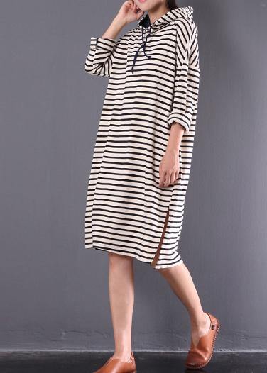 Italian hooded drawstring linen spring dresses Ideas black striped Dresses - SooLinen