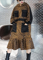 Italian hooded pockets clothes For Women Neckline Leopard Dresses - SooLinen