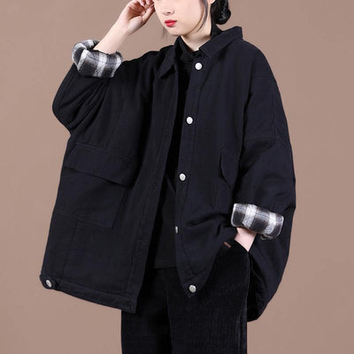 Italian lapel Button Down Fine spring Coats Women black loose outwears - SooLinen