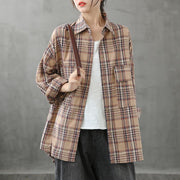 Italian lapel pockets crane tops Sewing khaki plaid blouses - SooLinen