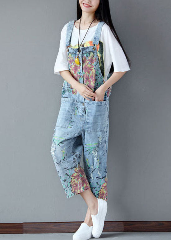 Italian light Blue pockets Print ripped Jeans Jumpsuits Summer