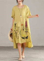 Italian linen cotton dresses Printing Irregular Short Sleeve Yellow Dress