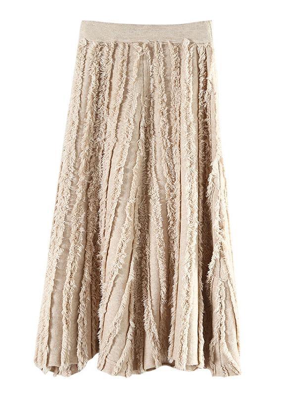 Italian nude cotton skirt tassel elastic waist spring skirt - SooLinen