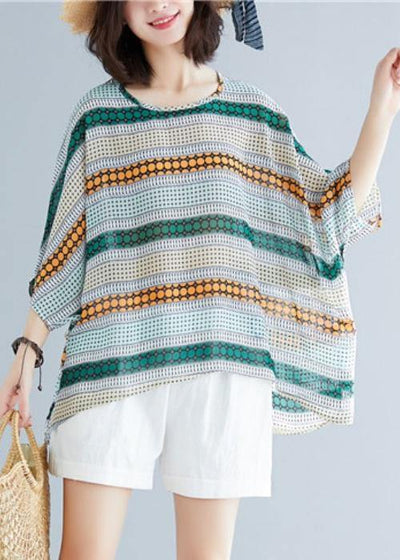 Italian o neck baggy chiffon clothes striped loose blouses - SooLinen