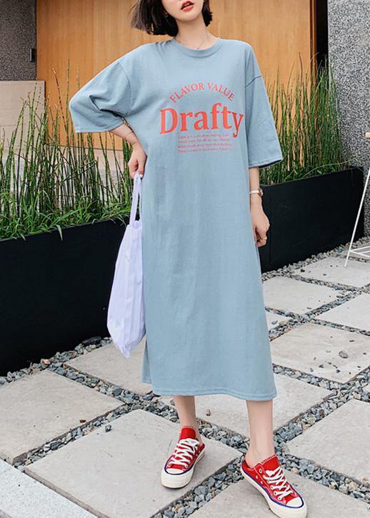 Italian o neck half sleeve dress Work blue Letter Robe Dresses - SooLinen