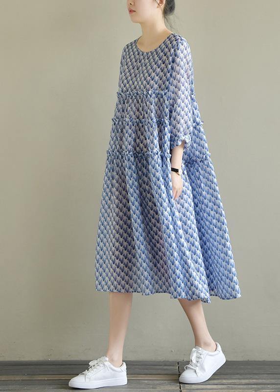 Italian o neck large hem chiffon dress fine Wardrobes blue print Art Dress Summer - SooLinen