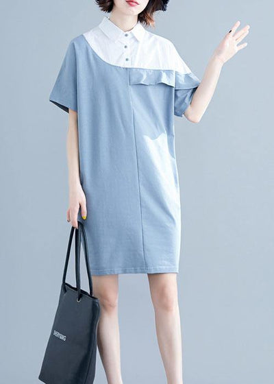 Italian o neck patchwork Cotton Tunics light blue Dress summer - SooLinen