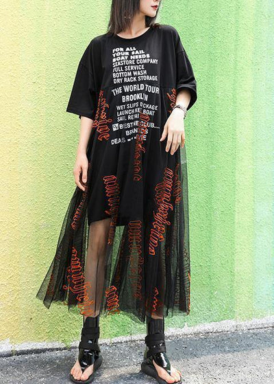 Italian o neck patchwork tulle cotton dresses Fabrics black print Traveling Dresses summer - SooLinen