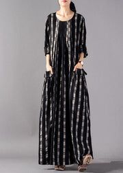 Italian o neck pockets linen clothes Runway black Plaid Dresses fall - SooLinen