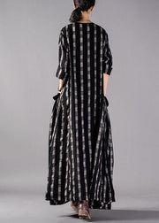 Italian o neck pockets linen clothes Runway black Plaid Dresses fall - SooLinen