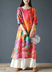 Italian orange print linen clothes For Women o neck half sleeve Kaftan summer Dresses - SooLinen