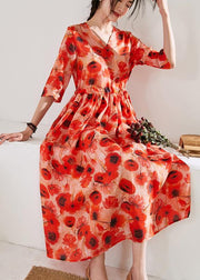 Italian orange print linen dress v neck patchwork long Dress - SooLinen