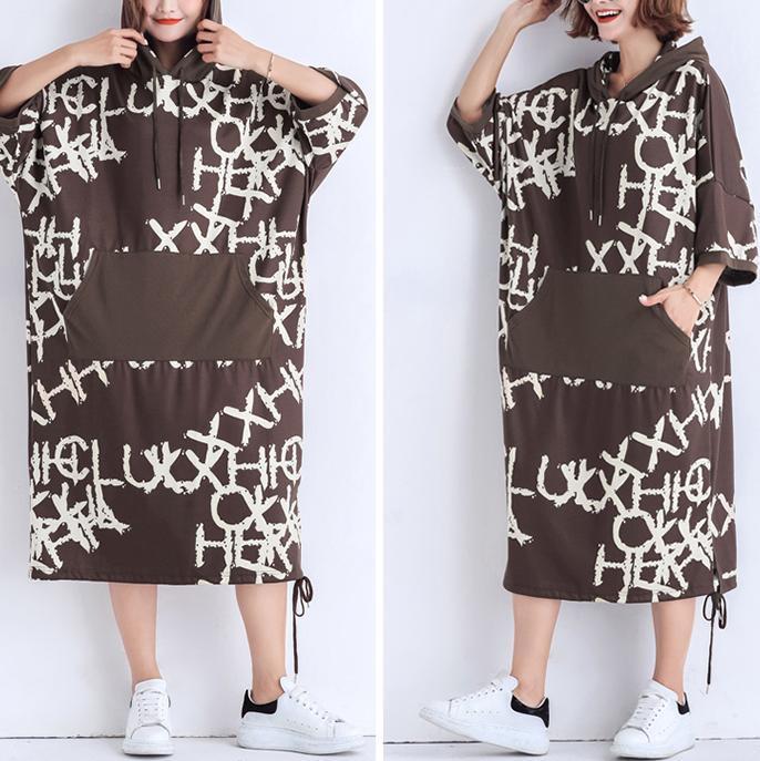 Italian pockets Cotton dresses Mom Catwalk chocolate print short Dress Summer