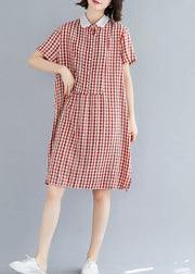 Italian red plaid Cotton Tunics Peter pan Collar Knee summer Dress - SooLinen