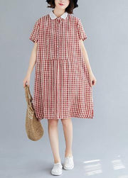 Italian red plaid Cotton Tunics Peter pan Collar Knee summer Dress - SooLinen