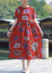 Italian red print cotton linen dress o neck tie waist cotton robes summer Dresses - SooLinen