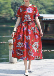 Italian red print cotton linen dress o neck tie waist cotton robes summer Dresses - SooLinen