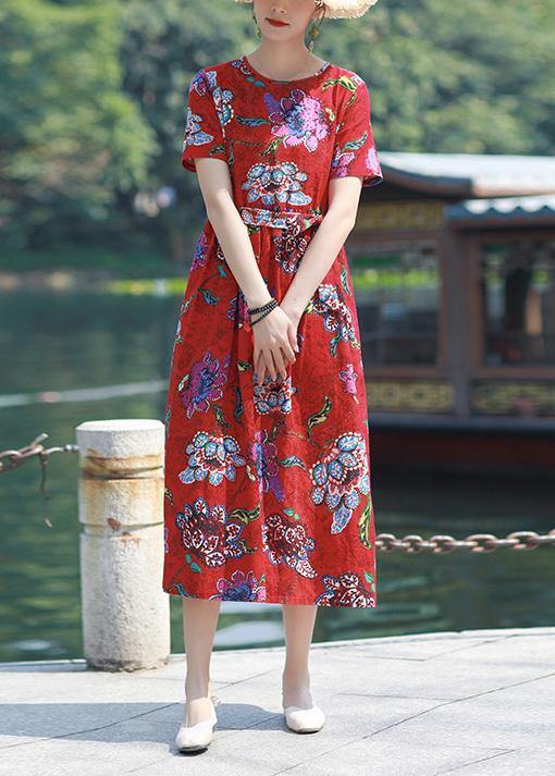 Italian red print cotton linen dress o neck tie waist cotton robes summer Dresses - SooLinen