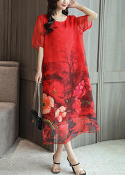 Italian red print silk quilting clothes o neck Kaftan summer Dresses - SooLinen