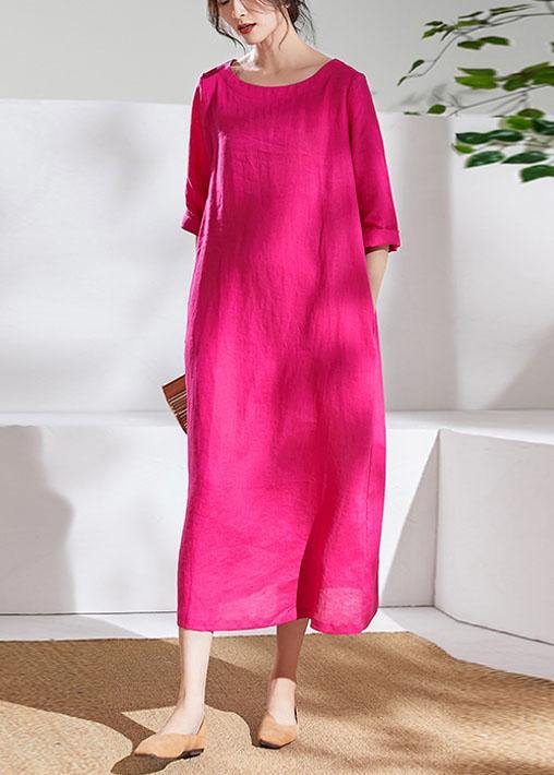 Italian rose linen dresses o neck half sleeve Maxi summer Dresses - SooLinen