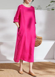 Italian rose linen dresses o neck half sleeve Maxi summer Dresses - SooLinen