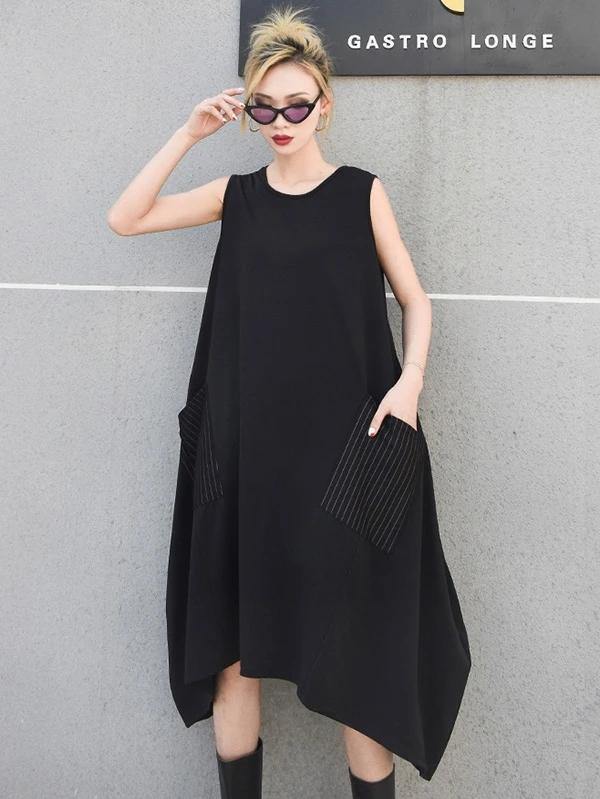 Italian sleeveless asymmetric cotton summer black cotton Dresses - SooLinen