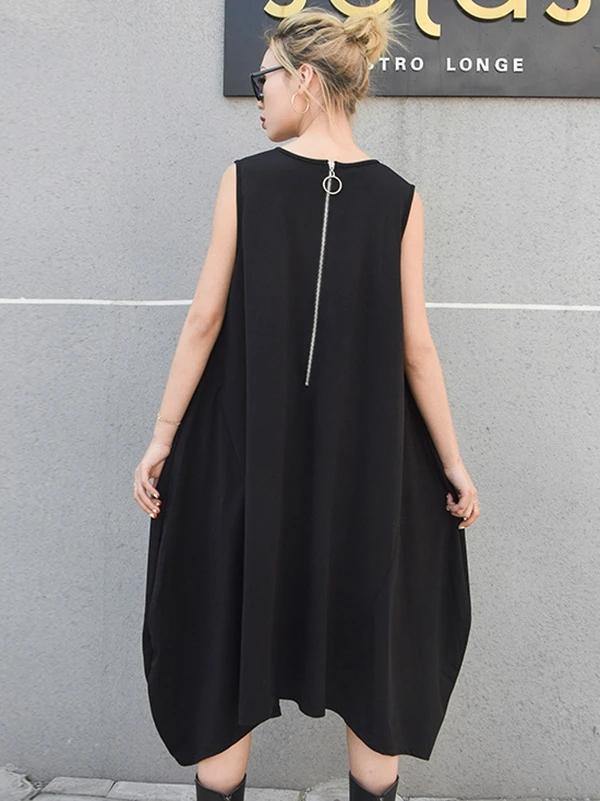 Italian sleeveless asymmetric cotton summer black cotton Dresses - SooLinen