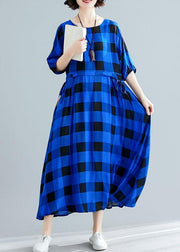 Italian tie waist cotton clothes Women Outfits blue plaid Maxi Dresses summer - SooLinen