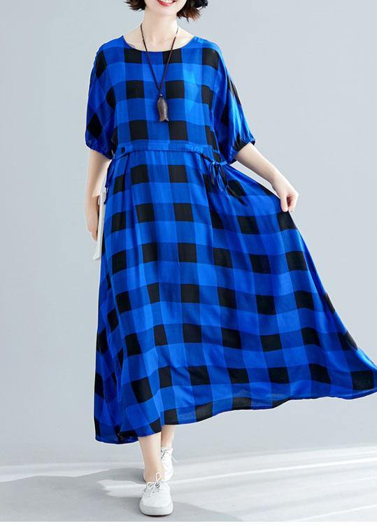 Italian tie waist cotton clothes Women Outfits blue plaid Maxi Dresses summer - SooLinen