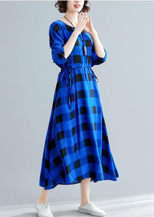 Italian tie waist cotton clothes Women Outfits blue plaid Maxi Dresses summer - SooLinen